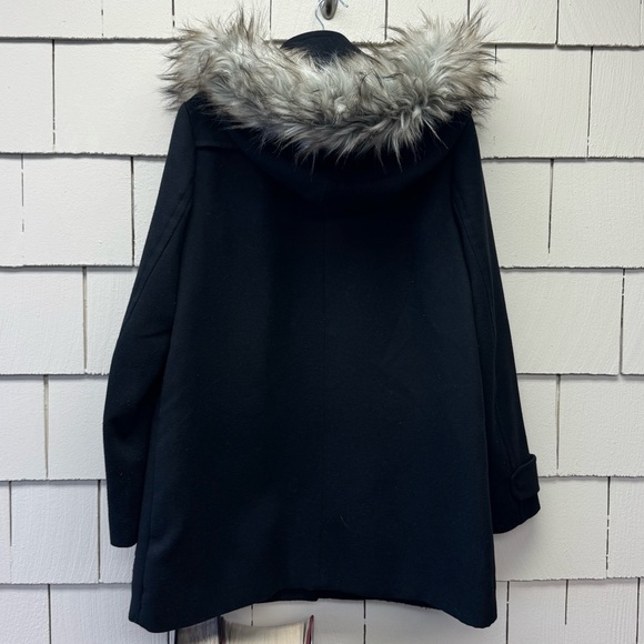 Zara Black Coat with fur Hoodie Size M Thigh Length Zip Up Button Closure - Picture 2 of 8